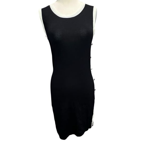 La Madona Y2K Tank Knit Dress M Black White Buttons Stretch Sporty Minimalist - Picture 2 of 13